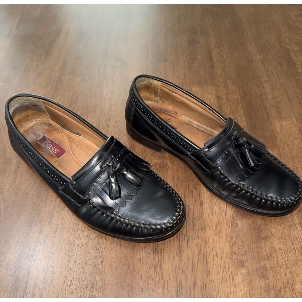 Bass Grammer Black Leather Tassel Kiltie Moc Toe Loafers Mens 9.5EE Wide Brazil